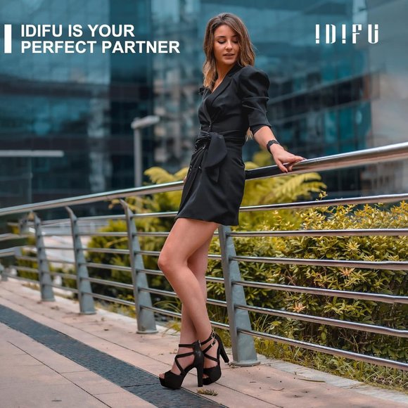 Women's IN5 Charcy Crisscross Strappy Platform High Chunky Black Heel Toe Pump - Picture 2 of 6